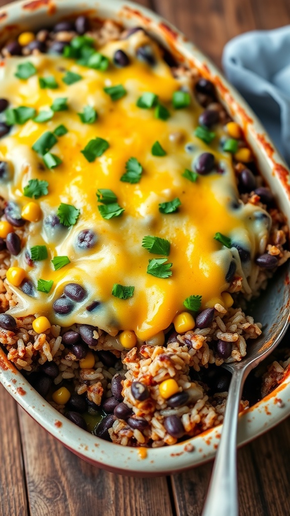 A delicious black bean and rice casserole with melted cheese and cilantro on top, served in a rustic dish.